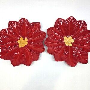 China Sculpted Red Poinsetta Dessert Pie Plates Set Of 2